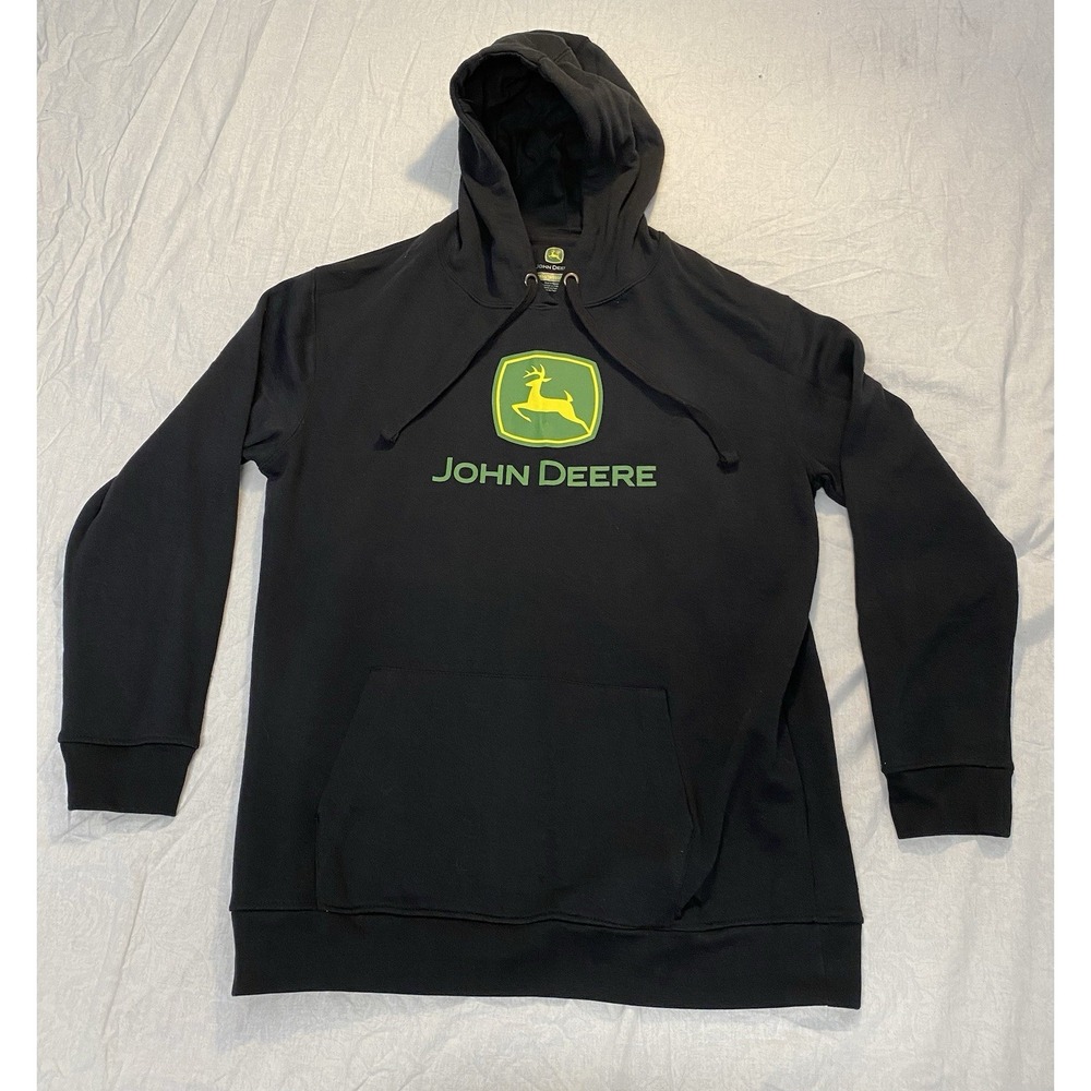 John Deere Hoodie Mens 2XL Black Pullover Logo‎ Sweatshirt Farm